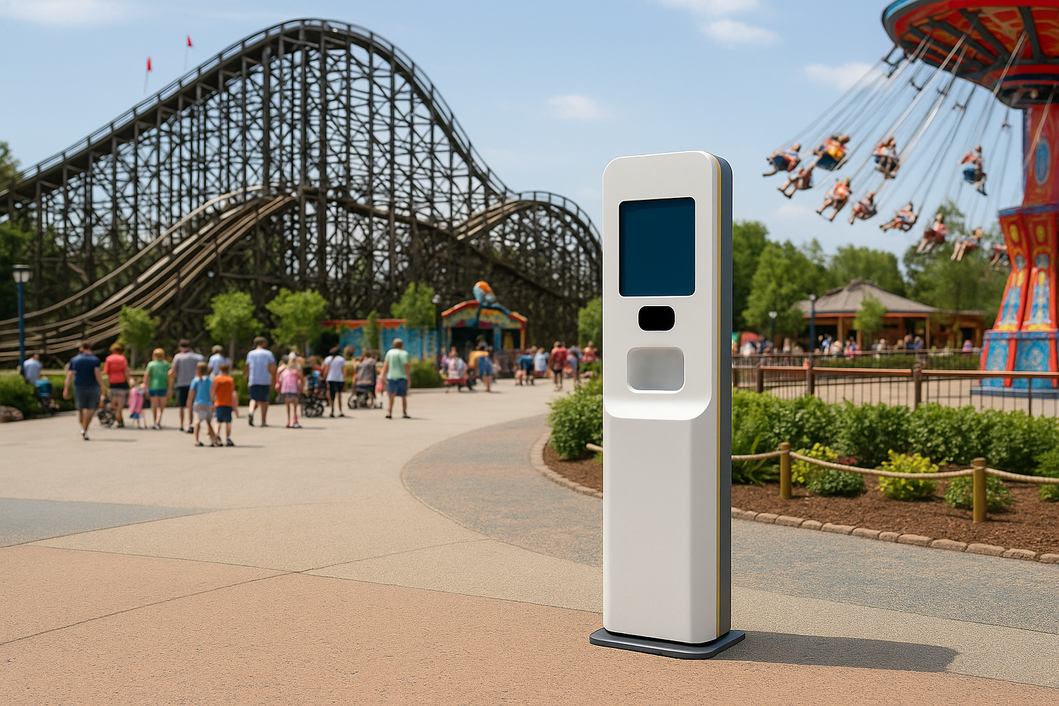 Sona sunscreen dispenser in an amusement park setting